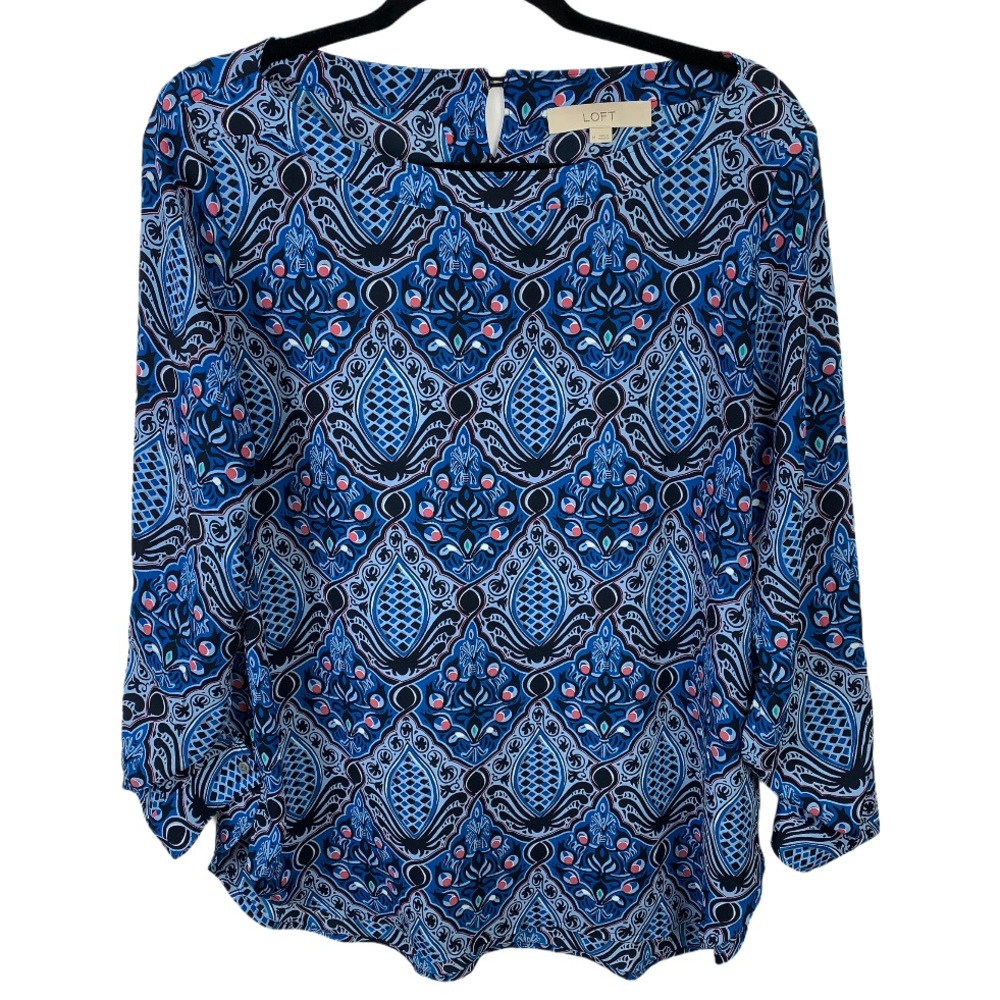 LOFT Tab Sleeve Blouse sz M - Blue Black White - Comfortable - Flowy